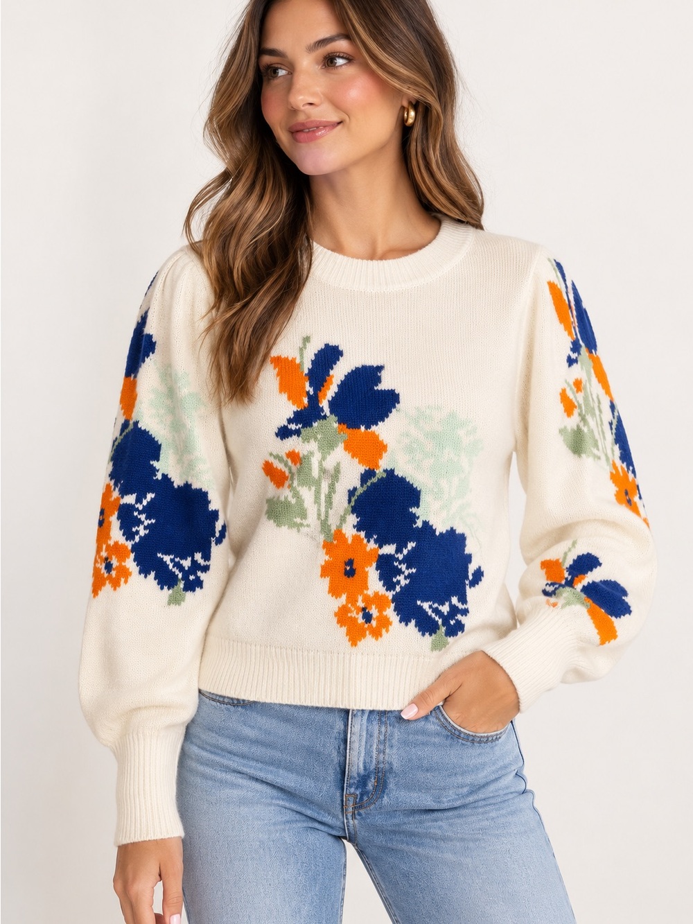 Vero Moda Cream Crewneck Sweater with Blue & Orange Floral Intarsia